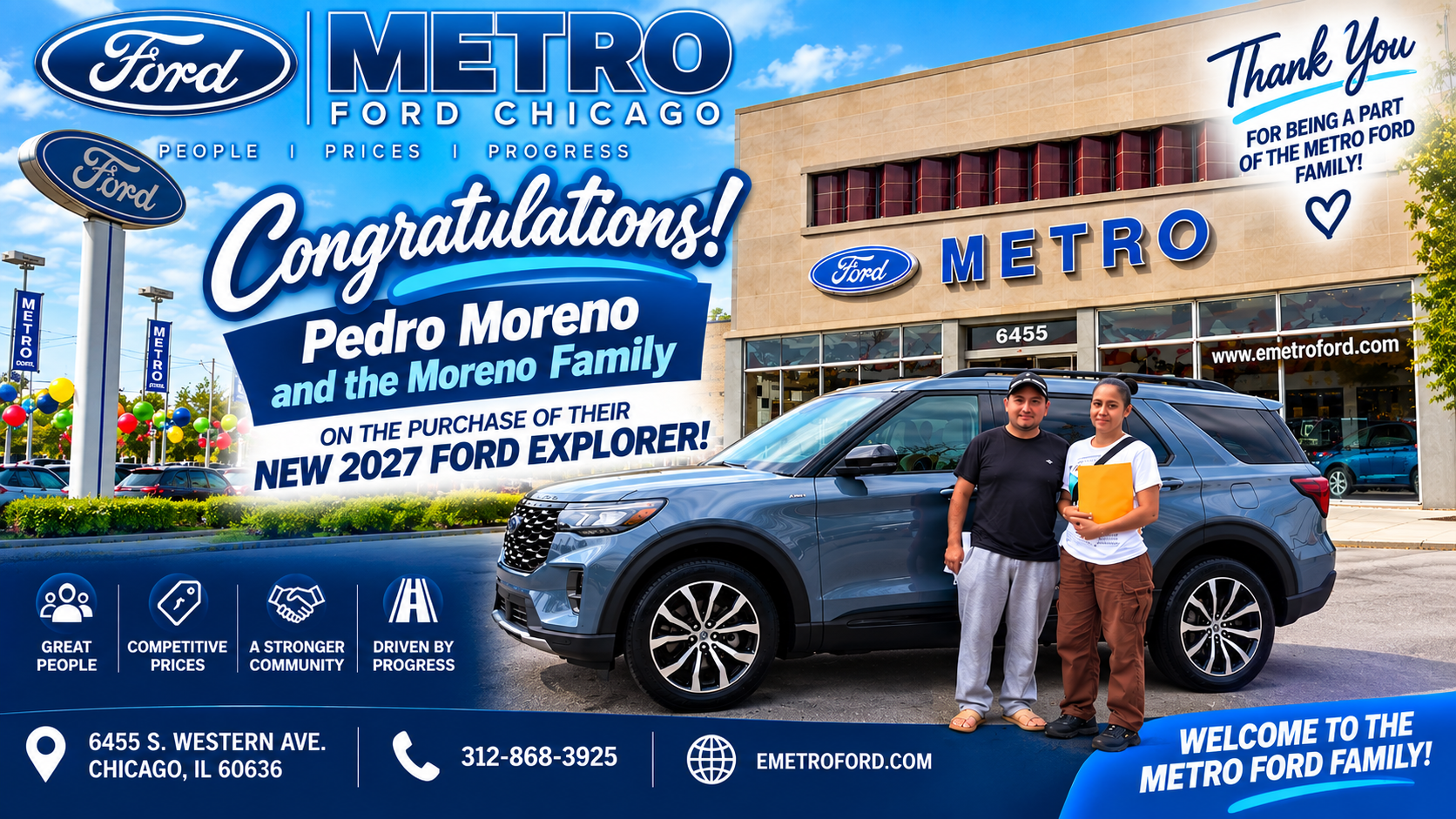 Pedro Moreno and family with their new 2027 Ford Explorer at Metro Ford Chicago